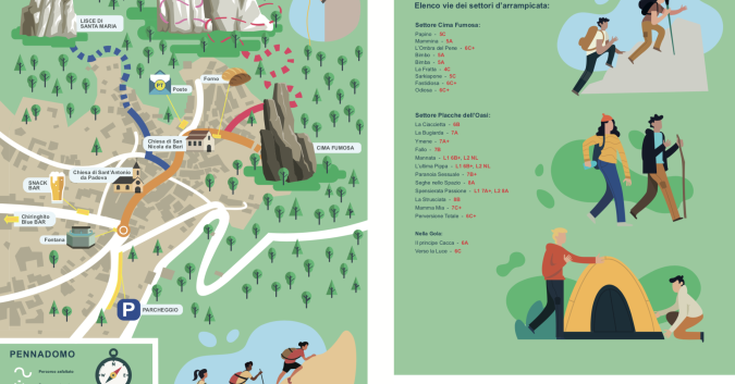 Mappa delle vie d'arrampicata presenti all'interno del paese di Pennadomo nei settori Cima Fumosa e Placche dell'Oasi
